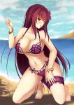 1girl barefoot beach bikini blush breasts cleavage euforia fate/grand_order fate_(series) flower hair_flower hair_ornament kneeling large_breasts long_hair looking_at_viewer navel ocean open_mouth purple_hair red_eyes scathach_(fate/grand_order) solo swimsuit under_boob 