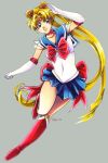  00s 1girl 2006 90s artist_request bishoujo_senshi_sailor_moon blonde_hair boots elbow_gloves gloves long_hair marker_(medium) pleated_skirt sailor_moon signature simple_background skirt solo standing_on_one_leg traditional_media tsukino_usagi twintails very_long_hair 