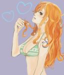  1girl artist_request bikini_top breasts brown_eyes cleavage earrings female hair_twirling jewelry long_hair nami_(one_piece) one_piece orange_hair profile sabaody_archipelago simple_background solo swimsuit tattoo upper_body wavy_hair 