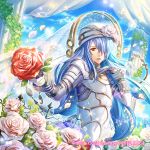  .hack// .hack//g.u. .hack//link 1boy blue_hair endrance_(.hack//) flower gloves guilty_dragon hair_over_one_eye hat hat_flower leaf long_hair looking_at_viewer male_focus petals pillar red_eyes red_rose rose solo ueooo veil white_bodysuit white_gloves white_hat white_rose 