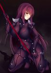  1girl bodysuit breasts euforia fate/grand_order fate_(series) gae_bolg kneeling large_breasts long_hair looking_at_viewer open_mouth pauldrons polearm purple_hair red_eyes scathach_(fate/grand_order) solo spear weapon 