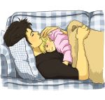  1boy 1girl black_hair blanket blonde_hair child closed_eyes couch full_house hug krrn patterned_upholstery pillow plaid shirt sleeping sweater tagme uncle_jessie 