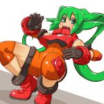  1girl :d black_gloves blush gloves green_eyes green_hair long_hair looking_at_viewer matching_hair/eyes open_mouth orange_bodysuit red_shirt red_shoes shiny shiny_skin shirt shoes sleeveless sleeveless_shirt smile solo solty_rei solty_revant squatting tied_hair twintails vibri white_background 