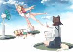  3girls animal_ears bare_legs barefoot blonde_hair blue_eyes blue_sky brown_hair clouds cloudy_sky condensation_trail dog_ears dog_tail drawing fan fox_ears fox_tail full_body indian_style legs_up long_hair lying multiple_girls no_pants on_back open_mouth original outstretched_arms pencil shirt short_hair sitting sketchbook skirt sky suspender_skirt suspenders t-shirt tail trembling u_(mikaduki0720) white_shirt 