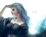  1girl blue_hair breasts brown_eyes character_name choker closed_mouth collarbone cross-laced_clothes delphi_diggory eyelashes hand_on_head harry_potter kurosujuu light_particles long_hair looking_away medium_breasts multicolored_hair profile silver_hair solo streaked_hair upper_body white_background 