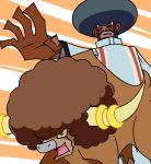  10s 1boy afro beard black_hair bouffalant creature crossover dark_skin facial_hair garterbelt_(psg) horns long_sleeves neichii open_mouth orange_background outstretched_arm panty_&amp;_stocking_with_garterbelt pokemon pokemon_(creature) pokemon_(game) pokemon_bw red_eyes simple_background standing turtleneck yellow_eyes 