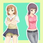  2girls blush brown_hair denim ikaramon_sakaya itsuwa jeans midriff misaka_mikoto multiple_girls pants school_uniform shoes short_hair skirt sneakers to_aru_majutsu_no_index 