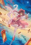  1girl bow brown_hair card card_captor_sakura clouds clow_card dress dutch_angle full_body fuuin_no_tsue gloves gradient_sky hat kero kinomoto_sakura mary_janes petticoat pink_dress pink_hat red_bow red_shoes reflection shoes short_hair signature sky star_(sky) ten-chan_(eternal_s) thigh-highs walking wand water white_gloves white_legwear white_wings wings zettai_ryouiki 