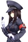  1girl armband black_hair breasts brown_eyes brown_hair cleavage eyepatch gloves hat highres katerina_dagmar military military_uniform nazi original red_eyes riding_crop simple_background solo swastika uniform world_war_ii yui.h 