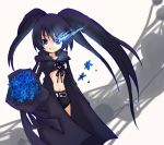  1girl alternate_skin_color belt bikini_top black_hair black_rock_shooter black_rock_shooter_(character) blue_eyes bouquet coat collarbone eijima_moko flat_chest flower glowing glowing_eye long_hair looking_at_viewer navel petals ribbon short_shorts shorts smile solo standing twintails uneven_twintails very_long_hair 