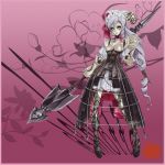  1girl android ashlotte_maedel character_name drill_hair gears gothic_lolita highres huge_weapon lavender_hair lolita_fashion long_hair looking_at_viewer polearm robot_girl silver_hair solo soul_calibur soulcalibur_iv standing very_long_hair weapon xuexue_yue_hua yellow_eyes 