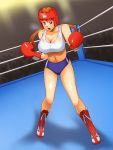  1girl boots boxing boxing_gloves boxing_headgear boxing_ring breasts brown_eyes brown_hair buruma cleavage cross-laced_footwear highres kawanuma_uotsuri large_breasts midriff navel open_mouth original solo sports_bra sweat twintails 