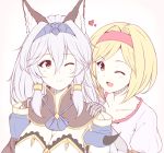  2girls ;) ;d agano_(yoshii_aki) animal_ears bad_hands bangs blonde_hair breasts cat_ears cleavage djeeta_(granblue_fantasy) erun_(granblue_fantasy) eyebrows eyebrows_visible_through_hair fighter_(granblue_fantasy) flat_color granblue_fantasy hair_between_eyes hair_tubes hairband heles highres long_hair multiple_girls one_eye_closed open_mouth short_hair silver_hair smile yellow_eyes 