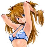  1girl adjusting_hair armpits blue_bra blue_eyes bra breasts brown_hair cleavage dbqp evangelion:_2.0_you_can_(not)_advance lingerie lowres neon_genesis_evangelion rebuild_of_evangelion ribs smile solo souryuu_asuka_langley underwear upper_body 