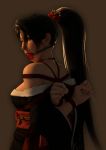  1girl arms_behind_back ball_gag bare_shoulders bdsm black_hair bondage bound breasts dead_or_alive gag gagged japanese_clothes kimono large_breasts long_hair looking_at_viewer momiji_(ninja_gaiden) ponytail rope shibari simple_background smile solo 