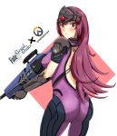  1girl ass backless_outfit black_gloves blush bodysuit breasts copyright_name cosplay cowboy_shot fate/grand_order fate_(series) from_behind gloves gun holding holding_gun holding_weapon honyaa~ logo long_hair looking_back overwatch purple_hair red_eyes scathach_(fate/grand_order) short_sleeves simple_background solo visor weapon white_background widowmaker_(overwatch) widowmaker_(overwatch)_(cosplay) 