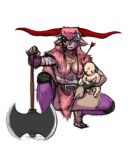  1girl age_difference animal_ears arrow axe baby blood breasts buffalo horns injury large_breasts masked_v_(artist) squatting weapon 