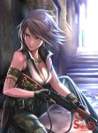1girl 2015 black_gloves breasts cleavage dated earrings fingerless_gloves gloves grey_hair gun highres holding holding_gun holding_weapon jewelry one_knee original outdoors red_eyes riffle shamakho short_hair solo trigger_discipline weapon