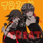  1boy 1girl annyu bat_hair_ornament black_gloves brown_hair cape checkered cravat dangan_ronpa fangs finger_to_mouth flower gloves hair_ornament harukawa_maki long_hair looking_at_viewer low_twintails new_dangan_ronpa_v3 orange_background ouma_kokichi pitchfork red_eyes rose simple_background smile trick_or_treat twintails twitter_username upper_body vampire_costume very_long_hair 