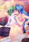  2girls absurdres ahoge alcohol ass bare_shoulders beer blue_hair blush closed_eyes drunk green_hair highres hug kiss multiple_girls pantyhose piercing refeia surprised yuri 