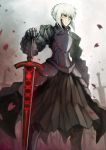  1girl absurdres armor armored_dress dark_excalibur dress fate/stay_night fate_(series) haimerejzero highres saber saber_alter solo sword weapon white_hair yellow_eyes 