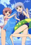  2girls :d absurdres bikini blue_hair clouds flat_chest green_eyes highres index inflatable_dolphin inflatable_toy innertube legs long_hair multiple_girls nyantype official_art one-piece_swimsuit open_mouth pink_eyes pink_hair school_swimsuit shinohara_kenji short_hair sky smile swimsuit to_aru_majutsu_no_index tsukuyomi_komoe very_long_hair 