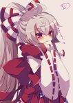  1girl blush fujiwara_no_mokou grey_hair heart highres letter long_sleeves love_letter muuran open_mouth ponytail red_eyes red_ribbon ribbon ribbon-trimmed_sleeves ribbon_trim scarf touhou translation_request wide_sleeves 