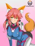  1girl animal_ears arm_support ass bent_over bodysuit breast_rest breasts cosplay d.va_(overwatch) d.va_(overwatch)_(cosplay) fate/extra fate_(series) fox_ears fox_tail gloves gradient gradient_background hairband honyaa~ light_smile logo long_hair looking_at_viewer overwatch pilot_suit pink_background pink_hair smile solo tail tamamo_(fate)_(all) tamamo_no_mae_(fate) twintails whisker_markings yellow_eyes 