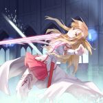  1girl arched_back asuna_(sao) battle breastplate brown_hair cuts hadi highres holding holding_sword holding_weapon injury long_hair looking_at_viewer pleated_skirt red_skirt skirt solo sword sword_art_online thigh-highs weapon white_legwear yellow_eyes 