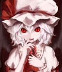  1girl arm_ribbon ascot bat_wings blood blood_on_face bloody_clothes brooch collared_shirt fangs finger_to_mouth fingernails hair_between_eyes hands_up hat hat_ribbon jewelry lavender_hair looking_at_viewer mob_cap open_mouth puffy_short_sleeves puffy_sleeves red_eyes red_ribbon remilia_scarlet ribbon sharp_fingernails shirt short_sleeves slit_pupils smile solo touhou wings wrist_cuffs 