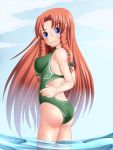  1girl ass blue_eyes breasts competition_swimsuit drill_hair female gradient gradient_background hong_meiling kurone long_hair ocean one-piece_swimsuit outdoors redhead sky solo submerged swimsuit the_embodiment_of_scarlet_devil touhou wet 