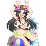  1girl anklet arms_up ball bangs barefoot beachball bikini blue_eyes blunt_bangs bracelet breasts cow_print flower hair_flaps hair_flower hair_ornament halter_top halterneck jewelry kusaka_souji large_breasts long_hair motion_blur navel official_art open_mouth sarong solo sweatdrop swimsuit tiara transparent_background uchi_no_hime-sama_ga_ichiban_kawaii 