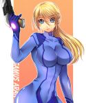  1girl blonde_hair blue_eyes bodysuit breasts curvy gun highres hips large_breasts long_hair metroid metroid_other_m narrow_waist nintendo ponytail ran_komomo samus_aran skin_tight solo turtleneck weapon wide_hips zero_suit 