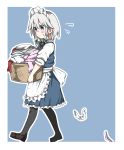  &gt;:( 1girl apron ascot blue_eyes blush bow braid collared_shirt dress flying_sweatdrops frown hair_bow highres izayoi_sakuya kz_oji laundry laundry_basket loafers maid maid_headdress pantyhose sash shirt shoes short_hair silver_hair sleeves_rolled_up solo sweat touhou twin_braids waist_apron walking 