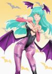  1girl aqua_hair bare_shoulders bat_wings boots breasts bridal_gauntlets capcom cleavage covering covering_breasts demon_girl elbow_gloves female fingerless_gloves gloves gradient gradient_background head_wings highres large_breasts leotard long_hair morrigan_aensland pantyhose pointy_ears purple_legwear solo succubus vampire_(game) wings yamaishi_(mukoubuti) yellow_eyes 