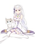  1girl absurdres aqua_eyes between_legs blue_ribbon boots butterfly_hair_ornament cat chuor_(chuochuoi) earrings emilia_(re:zero) eyebrows eyebrows_visible_through_hair flower hair_flower hair_ornament hair_ribbon hand_between_legs highres jewelry long_hair looking_at_viewer pack_(re:zero) pleated_skirt re:zero_kara_hajimeru_isekai_seikatsu ribbon silver_hair sitting skirt smile solo thigh-highs thigh_boots violet_eyes white_boots white_flower white_legwear white_skirt 