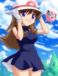  1girl blue_(pokemon) blue_eyes brown_hair dress gloves hat jigglypuff long_hair pokemoa pokemon pokemon_special white_gloves wind 