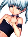  1girl arm_garter bangs bare_shoulders blue_eyes blue_hair choker covering covering_breasts dutch_angle eyelashes eyeshadow flat_chest frown fumio_(rsqkr) hand_on_own_chest long_hair looking_at_viewer makeup midriff navel one_breast_out raised_eyebrows short_hair short_twintails simple_background solo strapless tubetop twintails upper_body white_background younger 