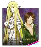  2girls asherah atlus blonde_hair breasts brown_eyes brown_hair cleavage elf female genderswap green_jacket jacket long_hair maeba multiple_girls orange_eyes pale_skin pointy_ears shin_megami_tensei shin_megami_tensei:_strange_journey tattoo 