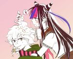  1boy 1girl bangs black_hair blue_hair blunt_bangs blush dangan_ronpa double_bun ear_piercing earrings fingerless_gloves food hair_between_eyes highres hoodie ice_cream komaeda_nagito long_hair mioda_ibuki nail_polish piercing pink_background pink_hair school_uniform serafuku simple_background single_glove smile sprinkles striped_gloves super_dangan_ronpa_2 sweatdrop wavy_hair white_hair 