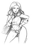  1girl artist_request belt bleach breasts cape cleavage cleavage_cutout cosplay crossover dc dc_comics female gloves highres matsumoto_rangiku mole monochrome power_girl power_girl_(cosplay) sketch solo 