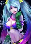  1girl absurdres blue_eyes blue_hair breasts cleavage fingerless_gloves gloves green_gloves hair_ornament highres jewelry league_of_legends long_hair looking_at_viewer midriff navel necklace solo sona_buvelle twintails 