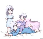  1boy 2girls ahoge blue_eyes blush brother_and_sister kio_rojine long_hair multiple_girls open_mouth rwby short_hair siblings sisters sleepwear smile weiss_schnee white_hair whitley_schnee winter_schnee younger 