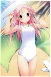  1girl ahoge arms_up bird blush casual_one-piece_swimsuit covered_navel fujiwara_warawara highres hoshina_nanami long_hair one-piece_swimsuit pink_hair pool shirokuma_bellstars swimsuit thigh_gap towel twintails violet_eyes water 