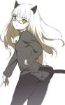  1girl animal_ears ass blonde_hair glasses kage_yuu long_hair looking_back monochrome panties panties_under_pantyhose pantyhose perrine_h_clostermann simple_background solo strike_witches tail thighs underwear uniform yellow_eyes 