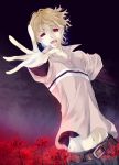  1boy blonde_hair fangs flower male_focus mutou_tooru navel outstretched_arm red_eyes shiki shirt solo spider_lily subuta 
