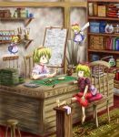  2girls alice_margatroid art_brush bad_id blonde_hair book bookshelf brush chair desk doll female hairband highres long_hair medicine_melancholy multiple_girls nom_(shumneko) paintbrush ribbon saw shanghai_doll short_hair test_tube touhou 