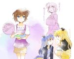  3girls apron blonde_hair blue_eyes blue_hair book brown_hair dog fate_testarossa jacket jewelry lyrical_nanoha mahou_shoujo_lyrical_nanoha mahou_shoujo_lyrical_nanoha_a&#039;s mahou_shoujo_lyrical_nanoha_a&#039;s_portable:_the_battle_of_aces material-l material-s multiple_girls necklace red_eyes shirt shorts striped striped_shirt takana translation_request twintails 