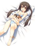  1girl barefoot bed black_hair blue_bra blue_panties blush bra brown_eyes brown_hair character_doll collarbone doll face feet flat_chest hair_ornament hairclip hirasawa_yui hug k-on! kazushiki_midori leg_ribbon lingerie long_hair lying nakano_azusa navel on_back open_mouth panties pillow ribbon side-tie_panties smile solo twintails underwear underwear_only 