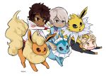  1boy 2girls blanche_(pokemon) blonde_hair blue_eyes brown_eyes brown_hair candela_(pokemon) chibi dark_skin flareon jolteon multiple_girls open_mouth pantyhose pointing pokemon pokemon_(creature) pokemon_go silver_hair smile spark_(pokemon) vaporeon yellow_eyes zucchinizest 